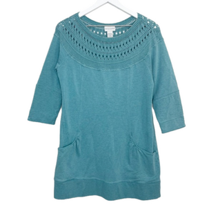 Soft Surroundings Tunic Sweater Crochet Neck Size Medium Pockets Sea Green